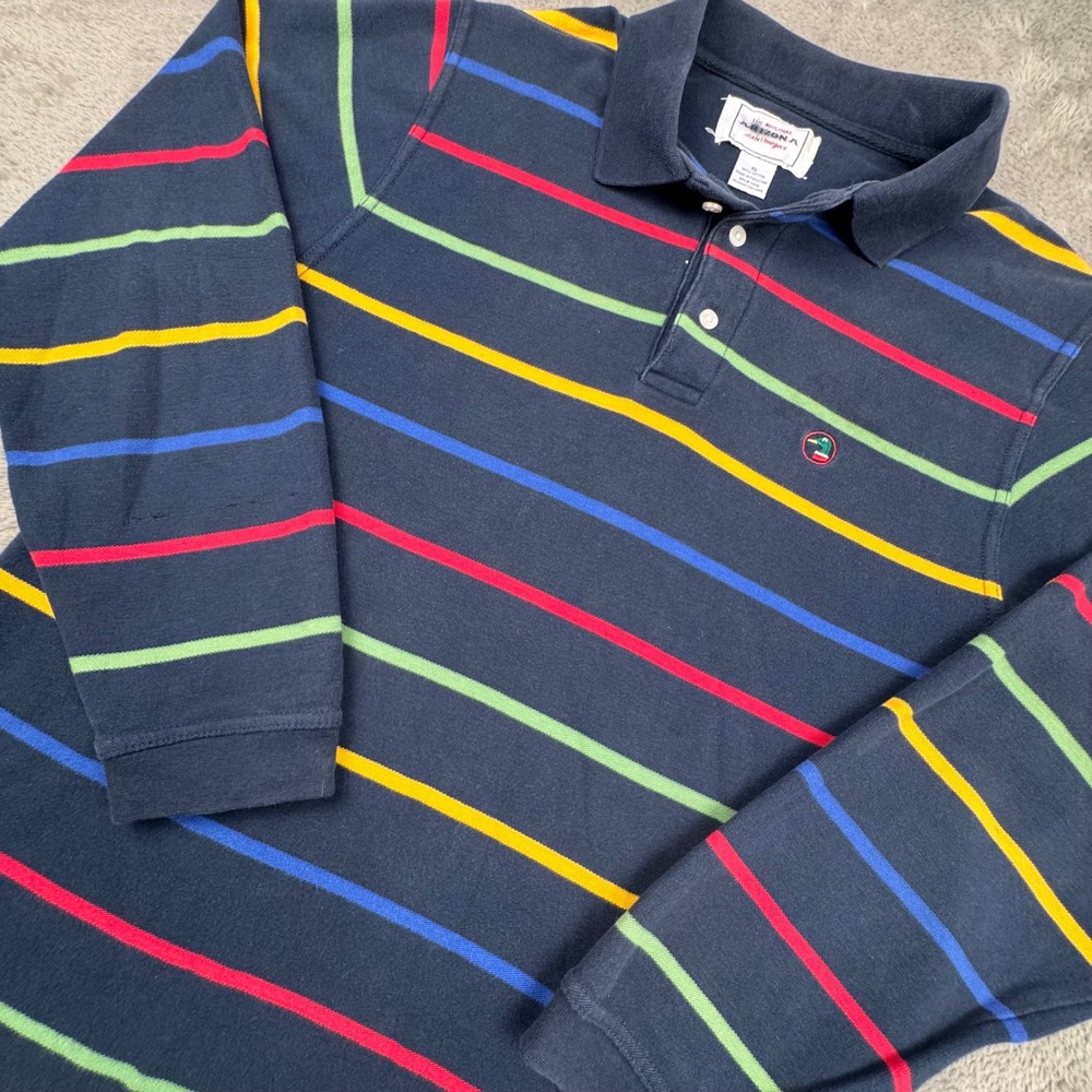 Arizona Polo Shirt Mens XL Navy Multi Stripe Rugby Vintage Y2K Long Sleeve Duck